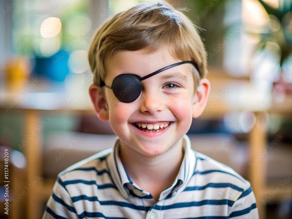 A cheerful young boy with a playful grin wears a black eye patch. Sunlight filters through the windows, creating a warm and inviting atmosphere in the background A cheerful young boy with a playful grin wears a black eye patch. Sunlight filters through the windows, creating a warm and inviting atmosphere in the background