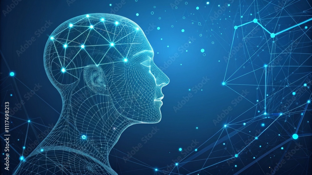 Side Profile Wireframe Head Networked Brain Concept, Blue Digital Background, AI, Neural Network AI, Neuroscience, Digital Art Side Profile Wireframe Head Networked Brain Concept, Blue Digital Background, AI, Neural Network AI, Neuroscience, Digital Art
