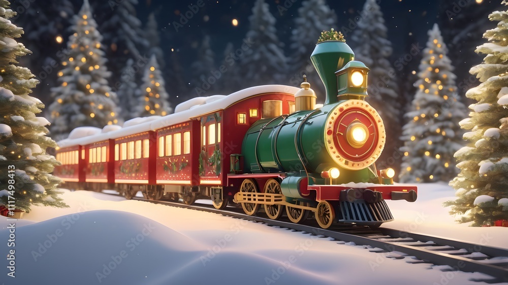 A Christmas train with white lights and gold decorations is moving through the snowy forest, creating an enchanting scene A Christmas train with white lights and gold decorations is moving through the snowy forest, creating an enchanting scene