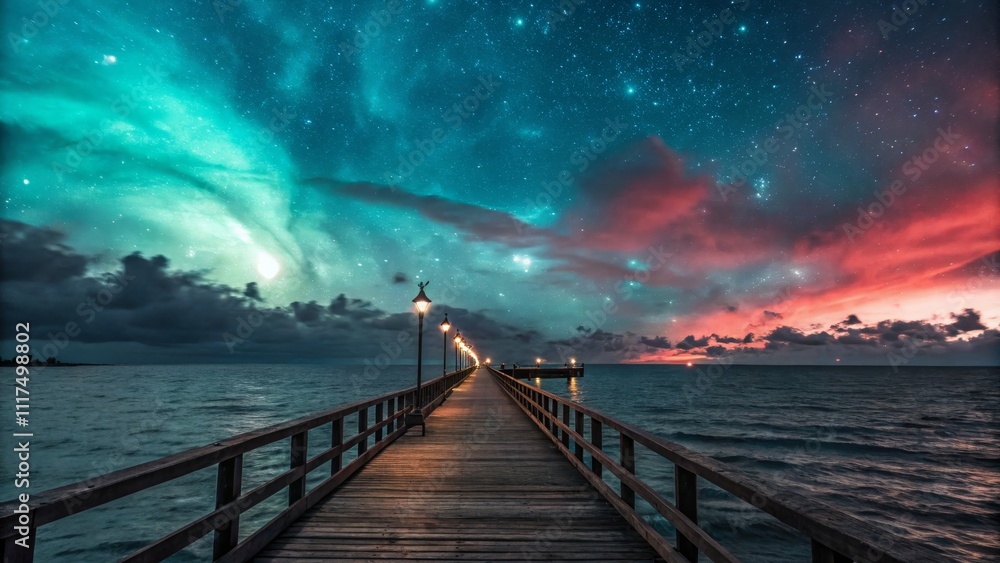 Fototapeta premium Pier Perspective Wooden Path Under Starry Aurora, Night Seascape, Dreamy Atmosphere. Aurora, Nightscape, Pier