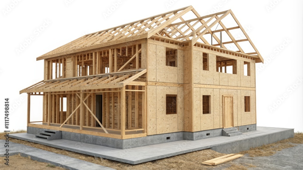 Perspective View Wooden House Frame Construction, OSB sheathing, concrete foundation, Homebuilding concept. house framing, construction, 3D rendering Perspective View Wooden House Frame Construction, OSB sheathing, concrete foundation, Homebuilding concept. house framing, construction, 3D rendering