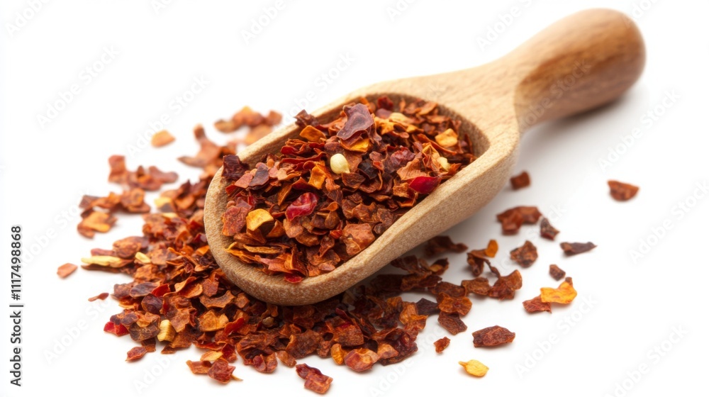Dried Red Pepper Flakes in Wooden Spoon - A Culinary Delight Dried Red Pepper Flakes in Wooden Spoon - A Culinary Delight