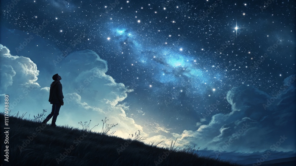 Person Gazing at Starry Night Hillside Silhouette, Night Sky Composition, Milky Way Galaxy, Dreamscape. Night sky, Milky Way, landscape Person Gazing at Starry Night Hillside Silhouette, Night Sky Composition, Milky Way Galaxy, Dreamscape. Night sky, Milky Way, landscape