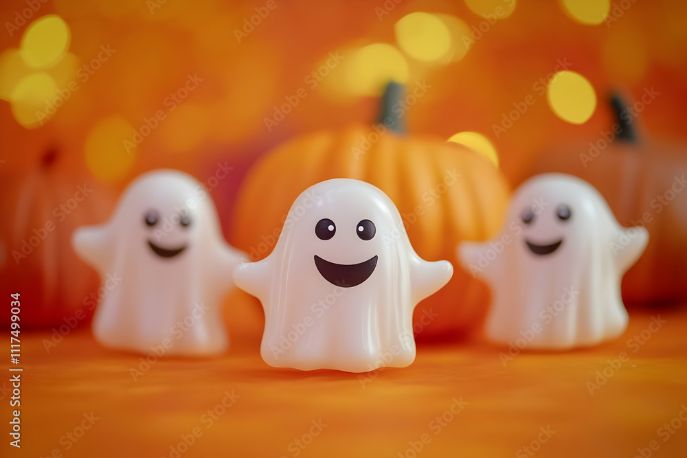 Adorable Halloween Scene Featuring A Happy Ghost And Carved Pumpkin With Warm Orange Autumn Background. Generative AI Adorable Halloween Scene Featuring A Happy Ghost And Carved Pumpkin With Warm Orange Autumn Background. Generative AI