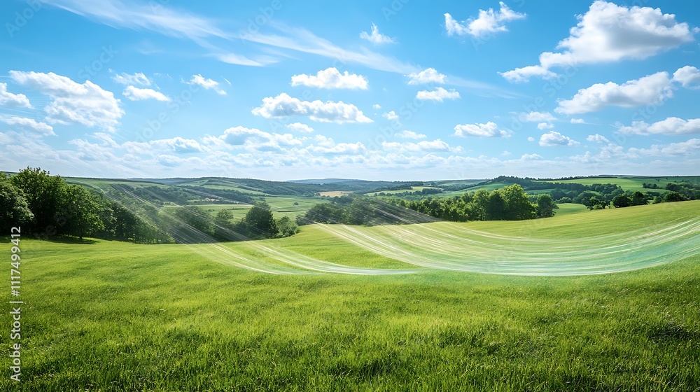Fototapeta premium Verdant Horizon Adventures, Lush Green Landscape Under Bright Blue Sky