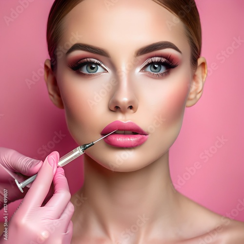 A skilled professional carefully administers a lip filler treatment to a model in a vibrant pink setting. The atmosphere is sleek and contemporary, highlighting beauty enhancements