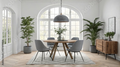 Interior Design Perspective Modern Dining Room with Arch Window, Wooden Table and Gray Chairs, Minimalist Decor, Natural Light Dining Room Decor, Interior Design, Minimalist Style