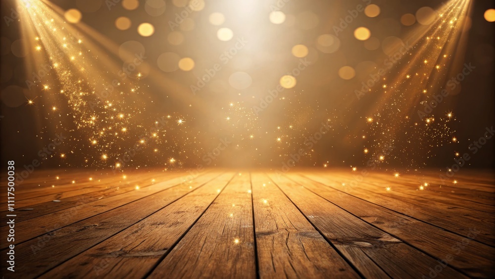 Ground-Level View Golden Light Rays on Wooden Planks, Bokeh Background, Magical Atmosphere Golden bokeh, wood texture, light rays Ground-Level View Golden Light Rays on Wooden Planks, Bokeh Background, Magical Atmosphere Golden bokeh, wood texture, light rays