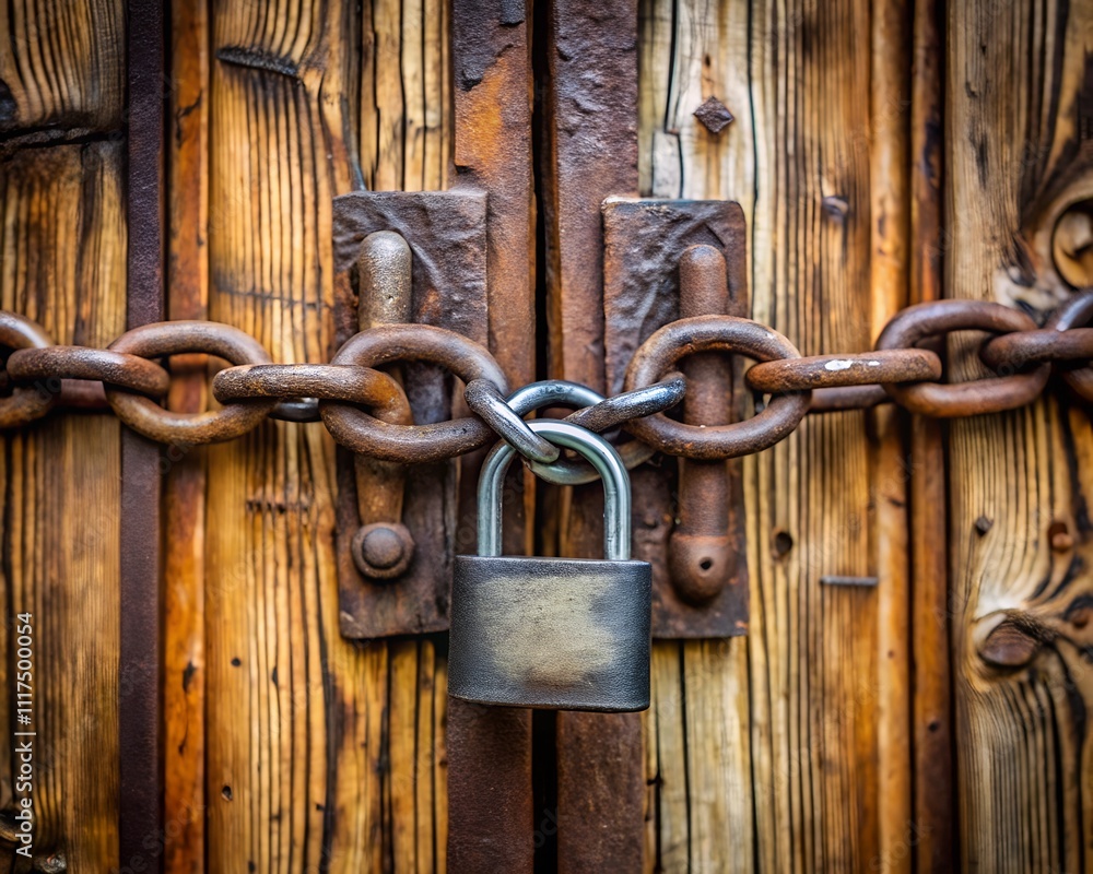 This beautiful wooden door showcases its rich history through weathered textures, rusted chains, and a robust padlock, hinting at secrets kept within This beautiful wooden door showcases its rich history through weathered textures, rusted chains, and a robust padlock, hinting at secrets kept within