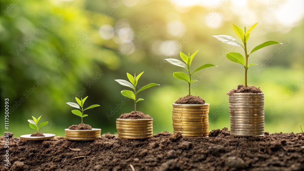 Growth Investment Saplings in Coin Stacks, Close-up View, Financial Growth Concept. Investment, Growth, Finance Growth Investment Saplings in Coin Stacks, Close-up View, Financial Growth Concept. Investment, Growth, Finance
