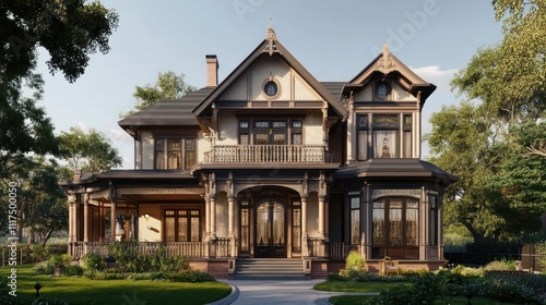 A realistic 3D reconstruction of a historical home with intricate architectural details and vintage decor