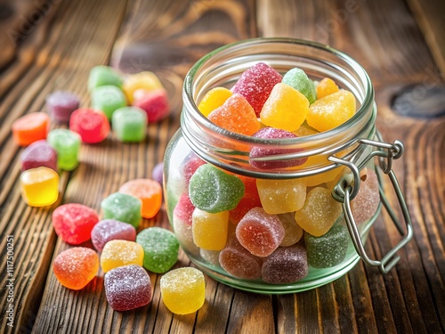 A glass jar overflowing with vibrant, chewy candies sits atop a rustic wooden table. Brightly colored sweets spill onto the surface, creating a playful display that tempts candy lovers photo