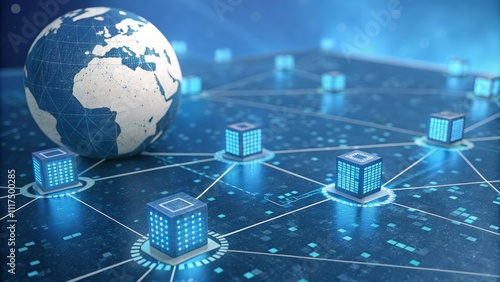 Global Network of Data Centers 3D Perspective, Cubes Connected to Earth, Digital Infrastructure, Cloud Computing Global Network, Data Centers, Cloud Infrastructure