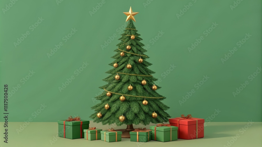 Front View Christmas Tree with Gifts, 3D Render, Green Background, Gold Ornaments, Festive Concept. Christmas, Holiday, Decoration Front View Christmas Tree with Gifts, 3D Render, Green Background, Gold Ornaments, Festive Concept. Christmas, Holiday, Decoration