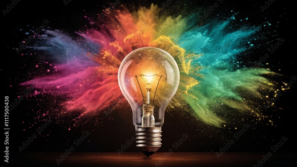 Front View Composition Glowing Lightbulb in Colorful Explosion, Creative Idea, Innovation, Inspiration Lightbulb, Explosion, Creativity Front View Composition Glowing Lightbulb in Colorful Explosion, Creative Idea, Innovation, Inspiration Lightbulb, Explosion, Creativity