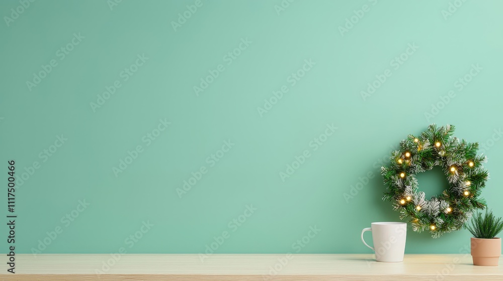 A white mug sits on a wooden table next to a wreath A white mug sits on a wooden table next to a wreath