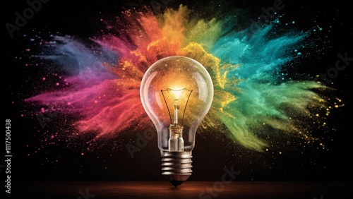 Front View Composition Glowing Lightbulb in Colorful Explosion, Creative Idea, Innovation, Inspiration Lightbulb, Explosion, Creativity