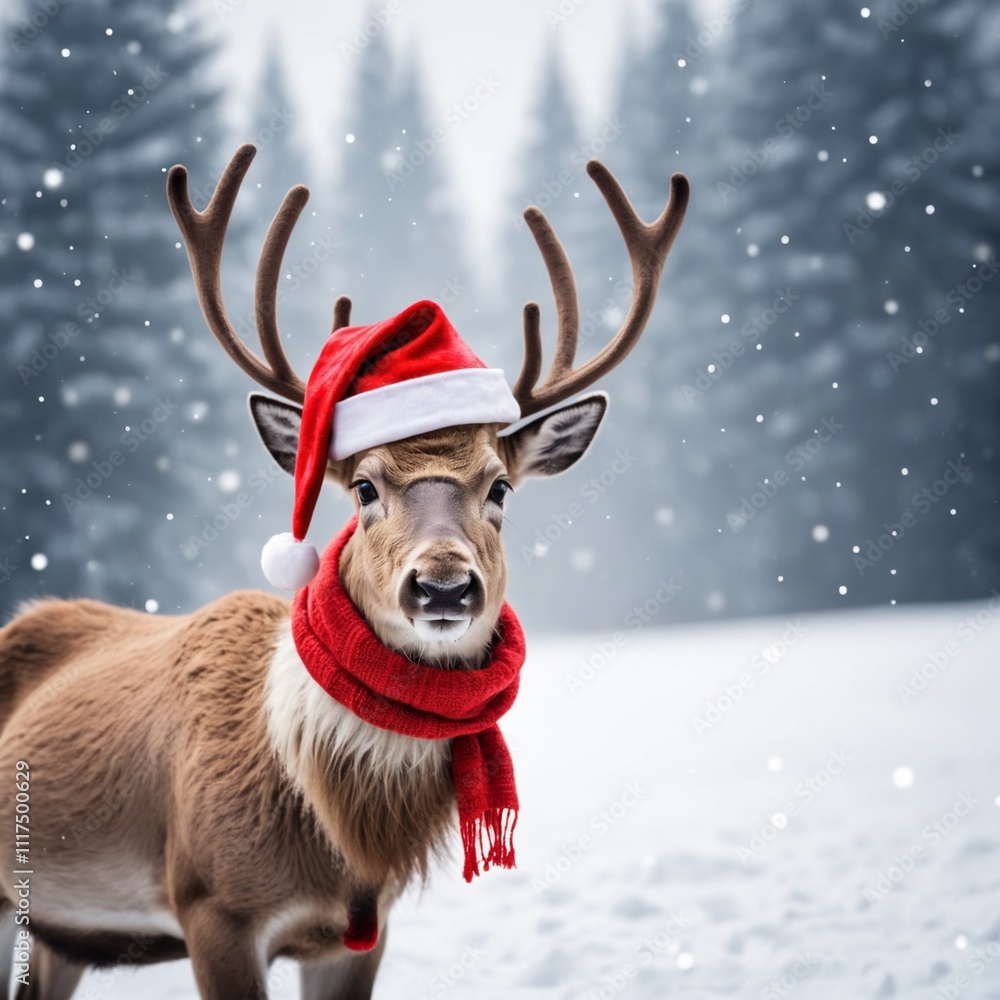 Christmas background with empty space for advertising, of an adorable reindeer with a scarf and a red Santa hat in the snow and bokeh Christmas background with empty space for advertising, of an adorable reindeer with a scarf and a red Santa hat in the snow and bokeh