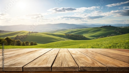 Elevated View Wooden Tabletop Composition Over Tuscan Hills Landscape, Wooden Texture, Sunny Day, Rolling Hills, Green Fields Tuscan landscape, wood texture, product display