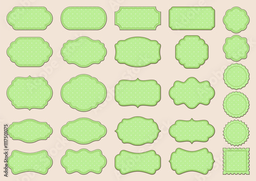 Label frames with ornamental edges and green polka dot texture. Vintage large collection of different stickers, isolated on a pale beige background. Vector big set for greeting card, signage, postcard