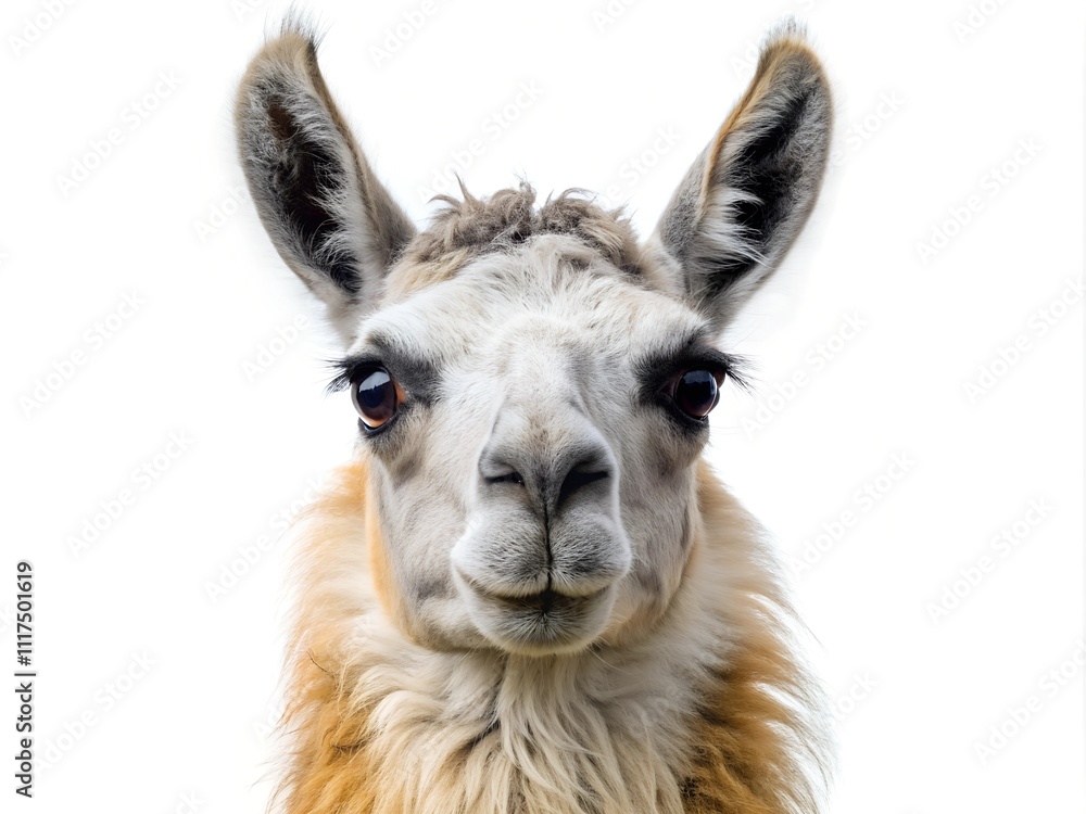 Fototapeta premium A llama stands prominently, its expressive eyes capturing attention as it gazes curiously. The striking colors of its fur enhance its adorable features, making it a captivating sight