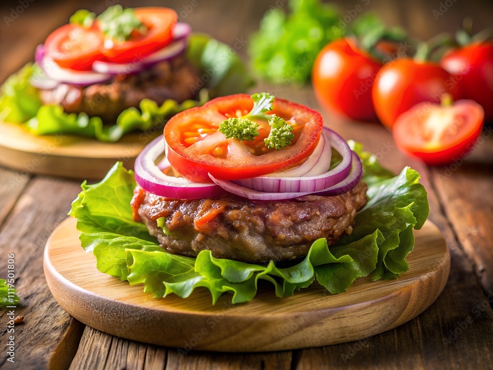 Succulent gourmet burgers sit on wooden boards, adorned with crisp lettuce, juicy tomatoes, and vibrant onions. The warm kitchen atmosphere enhances the inviting culinary display Succulent gourmet burgers sit on wooden boards, adorned with crisp lettuce, juicy tomatoes, and vibrant onions. The warm kitchen atmosphere enhances the inviting culinary display