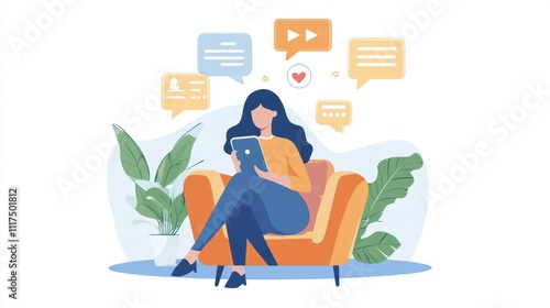 Woman Relaxing on Sofa Using Tablet, Social Media Communication