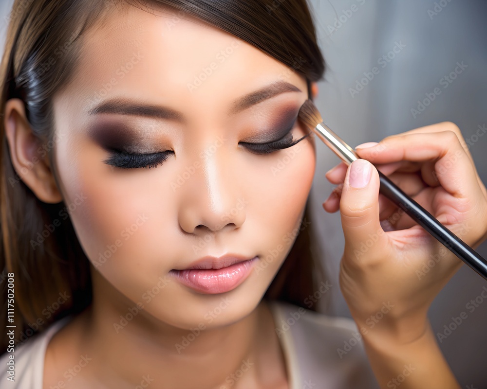 A talented artist carefully applies eyeshadow to a woman\'s eyelids, capturing the essence of beauty and artistry in a bright and inviting studio atmosphere A talented artist carefully applies eyeshadow to a woman\'s eyelids, capturing the essence of beauty and artistry in a bright and inviting studio atmosphere
