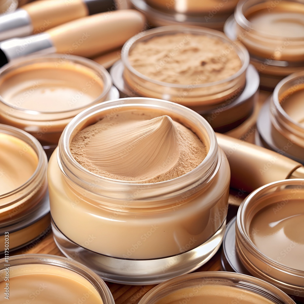 A rich assortment of cosmetic foundations lies on a warm wooden surface, featuring glossy jars in diverse hues and textures. This arrangement highlights the artistry in makeup and beauty A rich assortment of cosmetic foundations lies on a warm wooden surface, featuring glossy jars in diverse hues and textures. This arrangement highlights the artistry in makeup and beauty