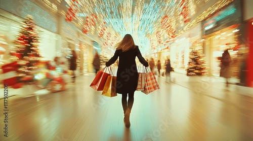 Last-Minute Holiday Shopping Madness - Woman Speeding Through Festive Mall Decor with Armful of Gift Bags
