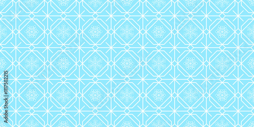 Blue and white background with geometric grid and decorative snowflakes. New Year endless texture with winter mesh ornament. Vector seamless pattern for festive design, Christmas banner, cover, print