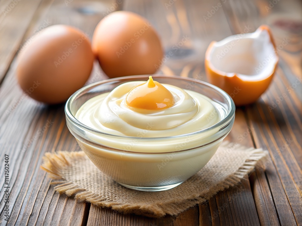A bowl of smooth and creamy mayonnaise sits invitingly on a rustic table, accompanied by fresh brown eggs, showcasing the ingredients in a culinary masterpiece A bowl of smooth and creamy mayonnaise sits invitingly on a rustic table, accompanied by fresh brown eggs, showcasing the ingredients in a culinary masterpiece