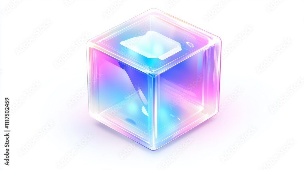 Iridescent glass cube with inner glow, isolated on white. Iridescent glass cube with inner glow, isolated on white.