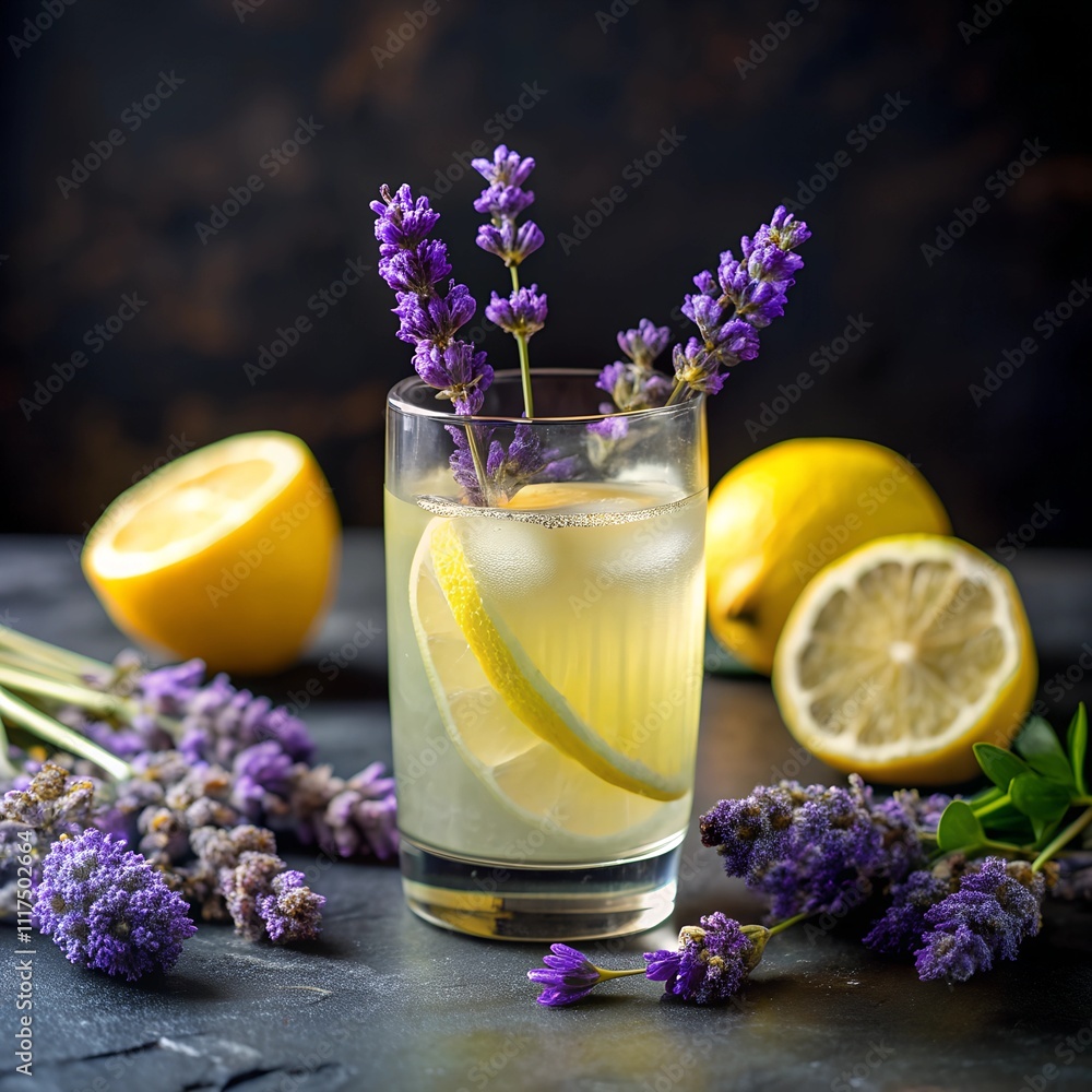 A vibrant glass of lavender lemonade is beautifully adorned with slices of lemon and fresh lavender sprigs. The colorful arrangement captivates the senses, inviting a moment of refreshment A vibrant glass of lavender lemonade is beautifully adorned with slices of lemon and fresh lavender sprigs. The colorful arrangement captivates the senses, inviting a moment of refreshment