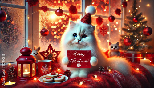 Festive portrait of cute white cat with blue eyes and red party hat on head is holding a Greeting card with the inscription Merry Christmas. Bokeh lights create a magical atmosphere.