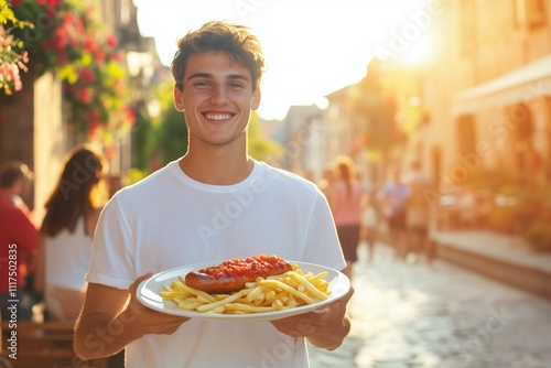 Young german guy carrying plate of currywurst with sausage, french fries and ketchup in touristic geman town photo