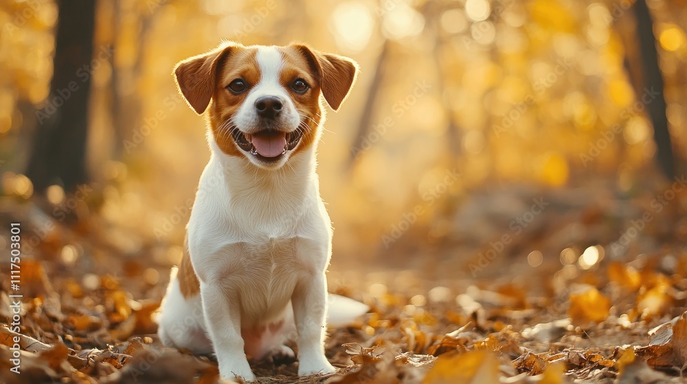 A happy dog sitting on a path covered with autumn leaves in a forest. A happy dog sitting on a path covered with autumn leaves in a forest.