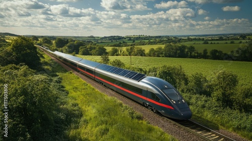 High-speed solar-powered train traversing picturesque countryside.