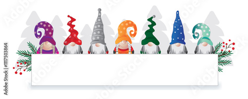Wichtel mit bunten Mützen halten weißes Banner - weihnachtliche Vektor Illustration
