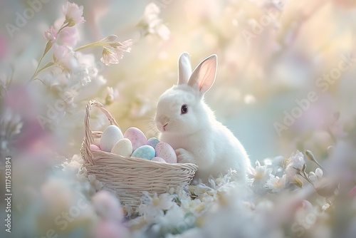 Easter Bunny with a Basket of Eggs Surrounded by Spring Flowers for Holiday Cheer photo