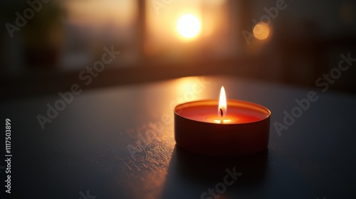 Single candle flame glowing softly on a table at sunset.