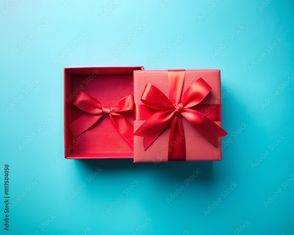 Two beautifully wrapped red gift boxes sit open against a vibrant blue backdrop, inviting joy and excitement as they promise delightful surprises within Two beautifully wrapped red gift boxes sit open against a vibrant blue backdrop, inviting joy and excitement as they promise delightful surprises within