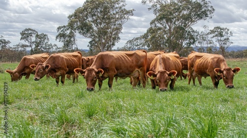 A group of brown cows grazing in a grassy field under a cloudy sky.