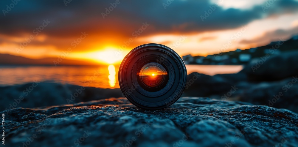 A camera lens positioned on a rock, capturing a sunset over the water. A camera lens positioned on a rock, capturing a sunset over the water.