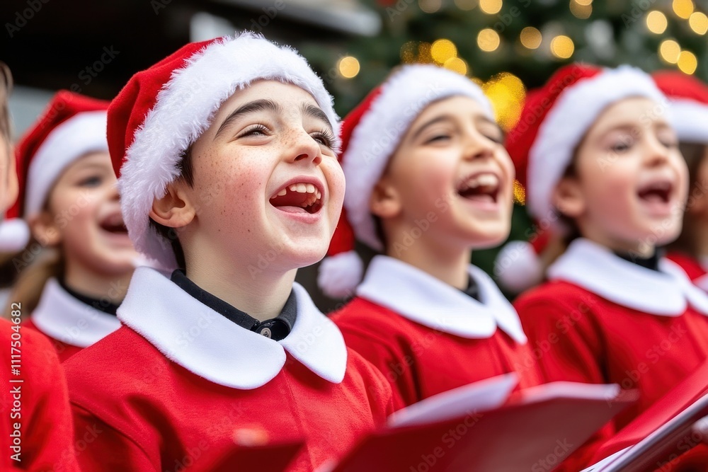 Children Sing Joyful Christmas Carols In Festive Red Outfits Children Sing Joyful Christmas Carols In Festive Red Outfits