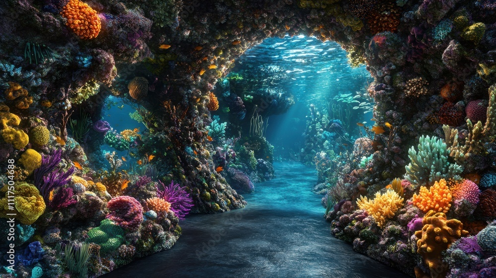 Fototapeta premium Vibrant Underwater Coral Reef Tunnel Scene.