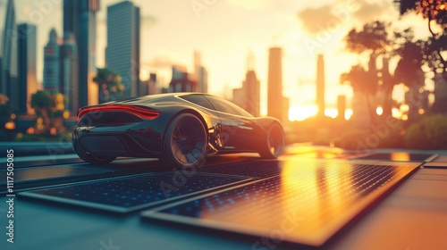 Electric Car with Solar Panels in Urban Sunset Scene