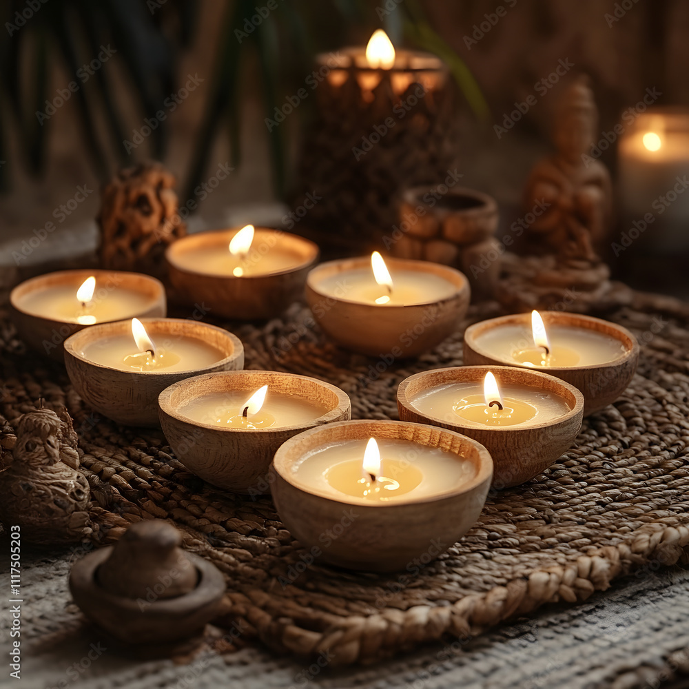 Serene arrangement of candles illuminating a cozy indoor space with natural decor elements Serene arrangement of candles illuminating a cozy indoor space with natural decor elements