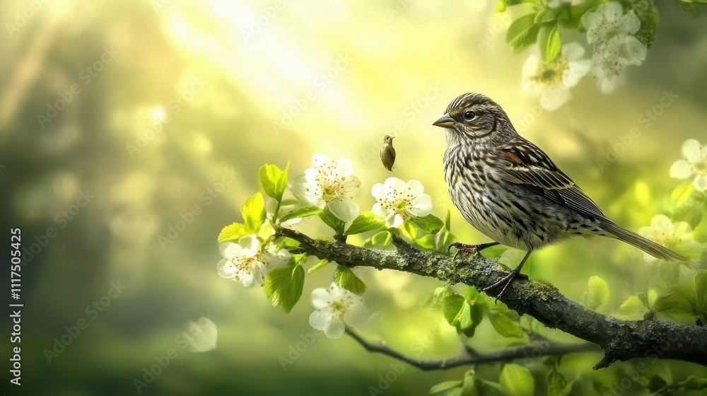 Small bird perched on blossoming tree branch in spring sunlight. Small bird perched on blossoming tree branch in spring sunlight.
