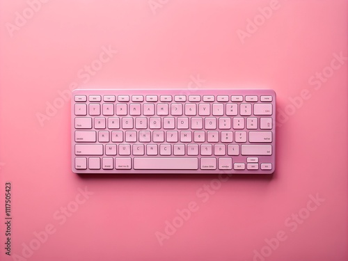A sleek pink wireless keyboard sits atop an equally bright pink backdrop, showcasing a stylish and minimalistic design that enhances any workspace. It exudes a cheerful, energetic vibe